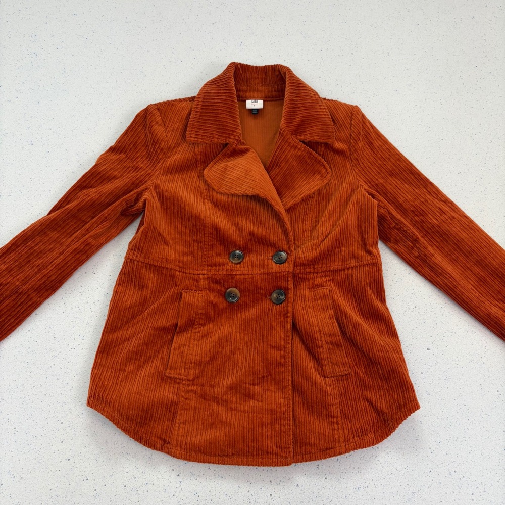 Cabi Corduroy Peacoat Jacket Rust Orange Double Breasted Ribbed Preppy‎ Womens S